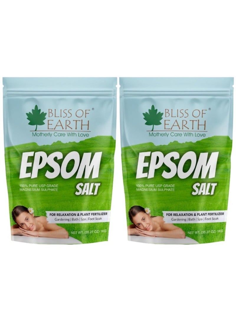 BLISS OF EARTH Epsom Salt for Bath 1KG, Plants & Foot Soak, Natural Magnesium Sulfate, Relaxing Soak for Muscle Relief, Aromatherapy, Vegan, Cruelty-Free pack of 2 - Image 1